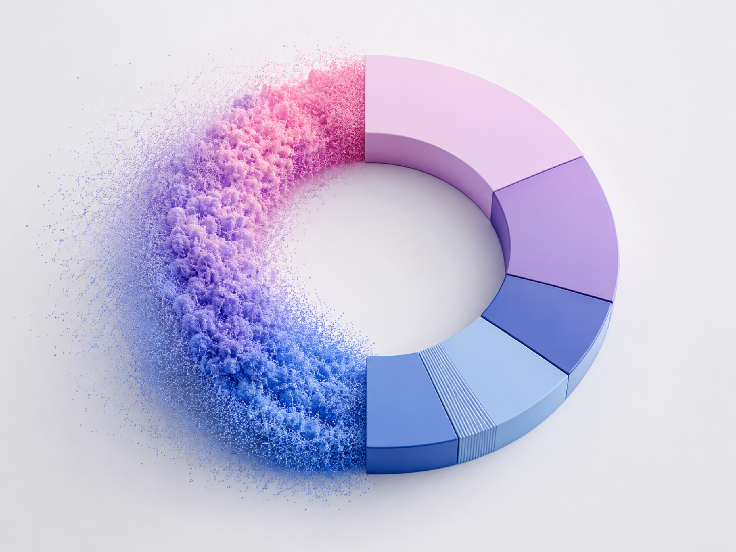 Abstract curved color ring in pink to blue, with powder particles exploding from the left on a white background.
