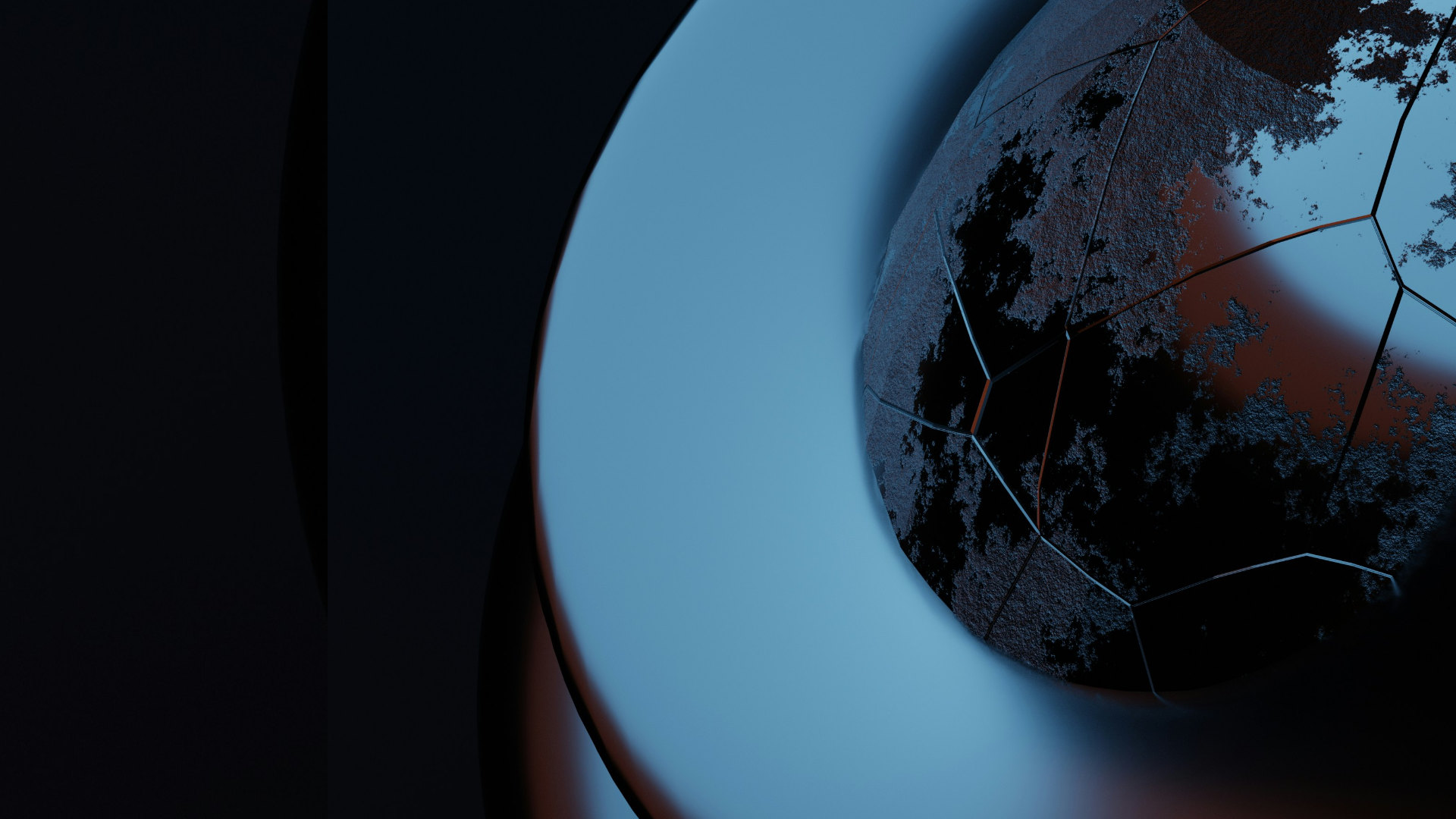 Abstract close-up of a faceted, blue-tinted globe with reflective panels against a dark background.