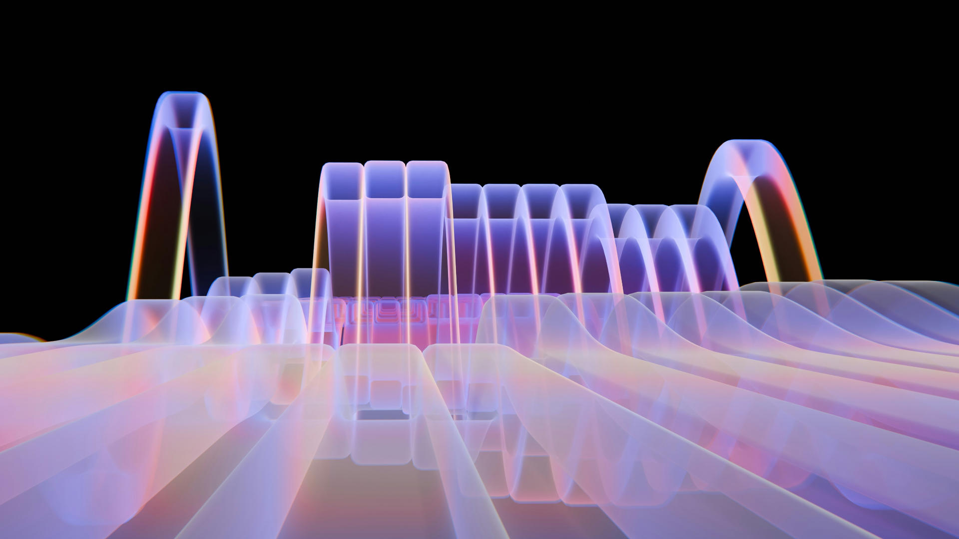Abstract neon ribbons bending into loops over a reflective pastel surface on a black background.