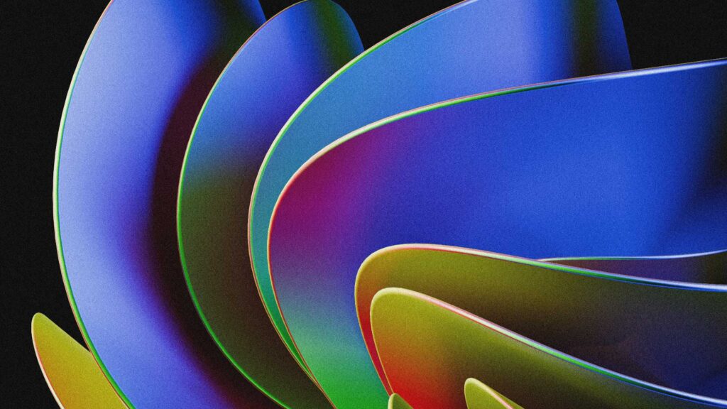 Abstract close-up of overlapping multicolored ribbons on a black background, with blue, purple, green, and orange edges.