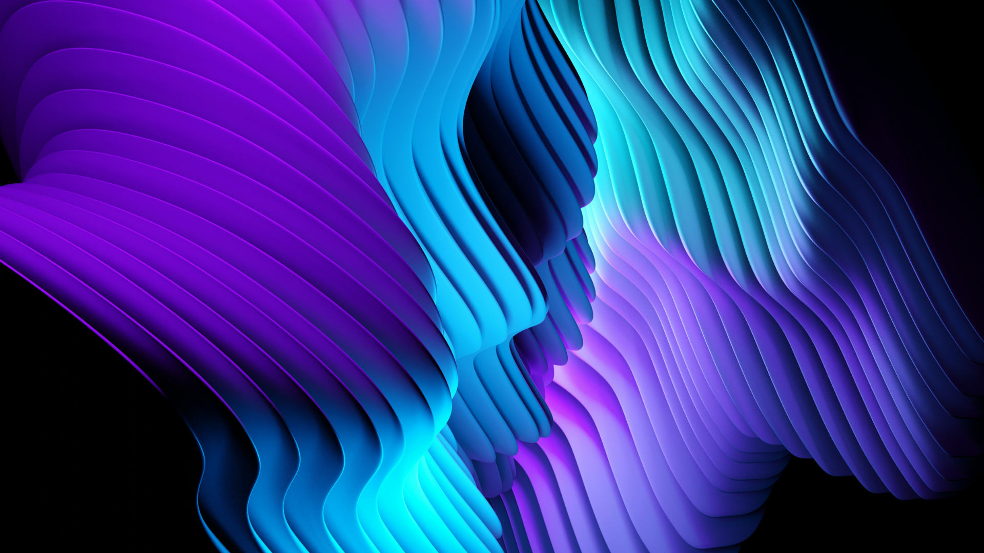 Abstract composition of layered, wavy ribbons in blue, purple, and cyan hues creating a flowing 3D pattern.