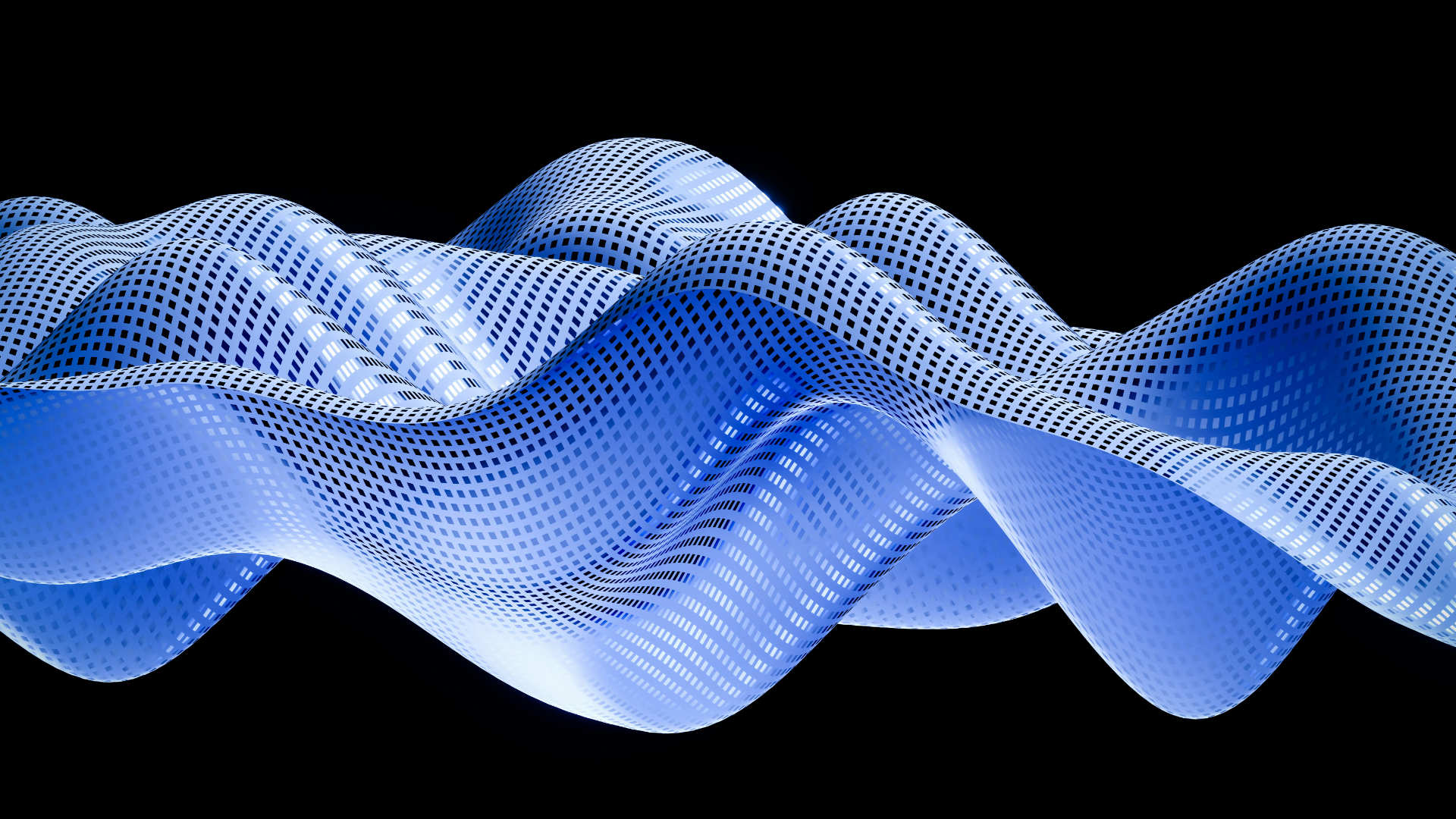 Abstract blue, perforated waveforms curl and weave across a black background, suggesting motion and depth.